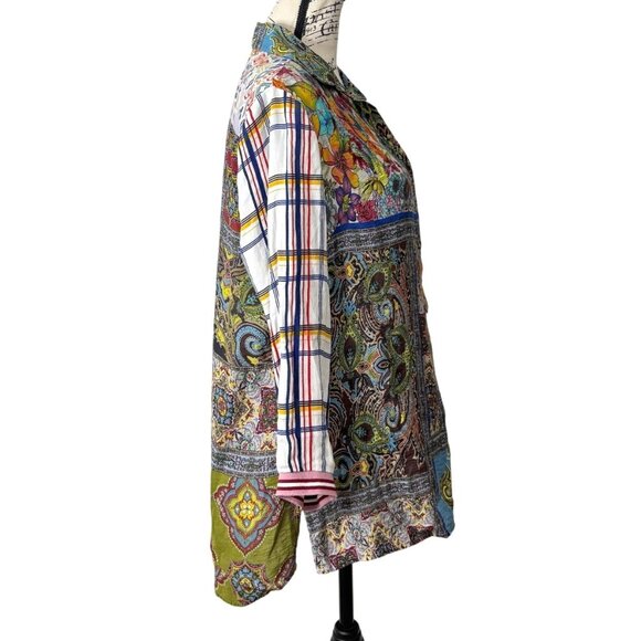 John Mark Mixed Pattern Button-Up Tunic Multicolor Top Boho Art Womens Size M - Picture 2 of 8